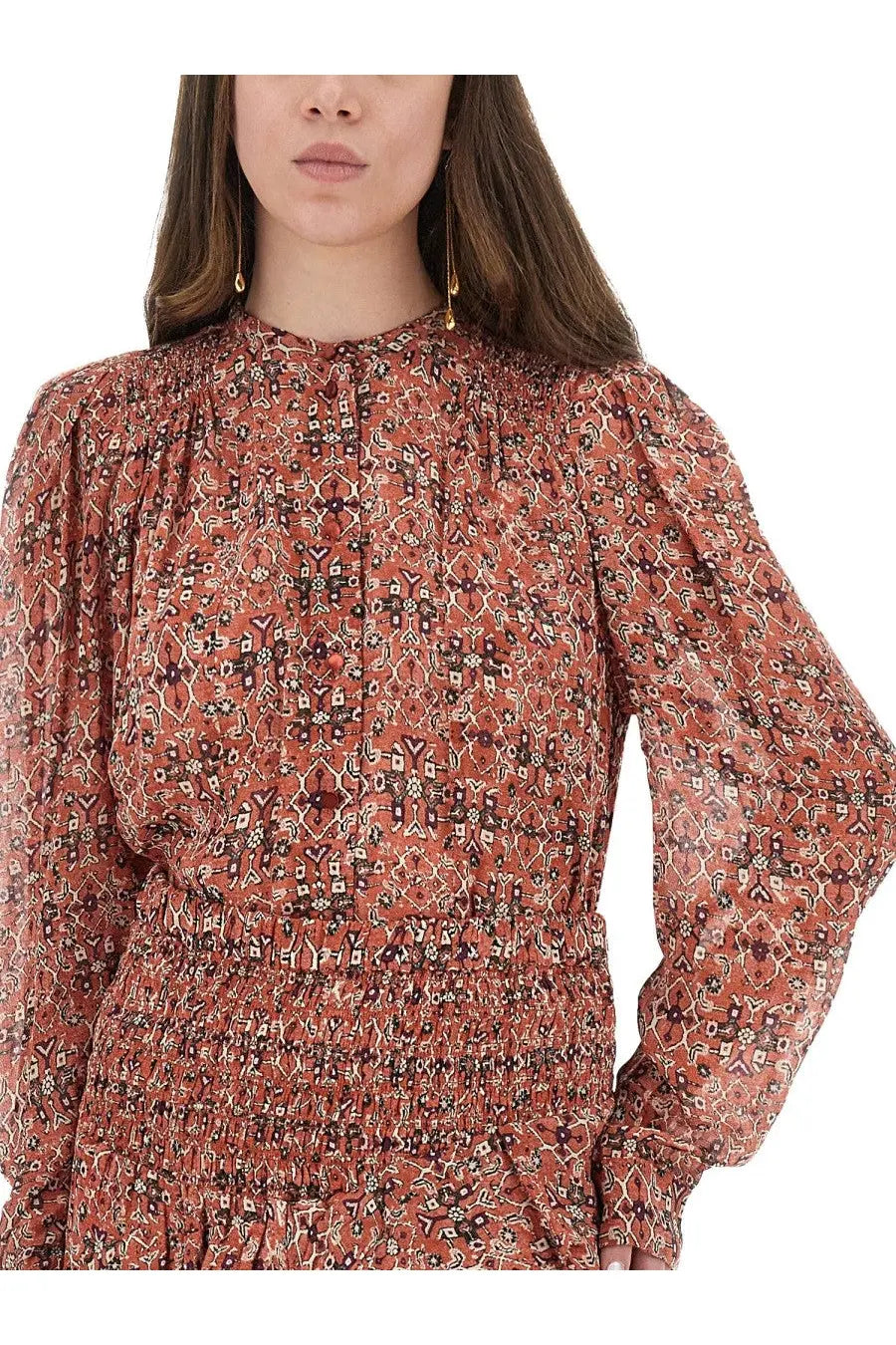 Isabel Marant Étoile women’s rust-colored long-sleeved dress with geometric pattern and smocked neckline detailing