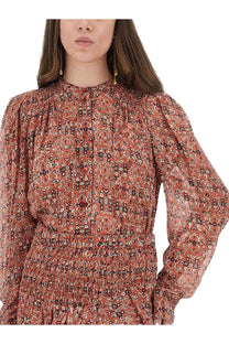 Isabel Marant Étoile women’s rust-colored long-sleeved dress with geometric pattern and smocked neckline detailing