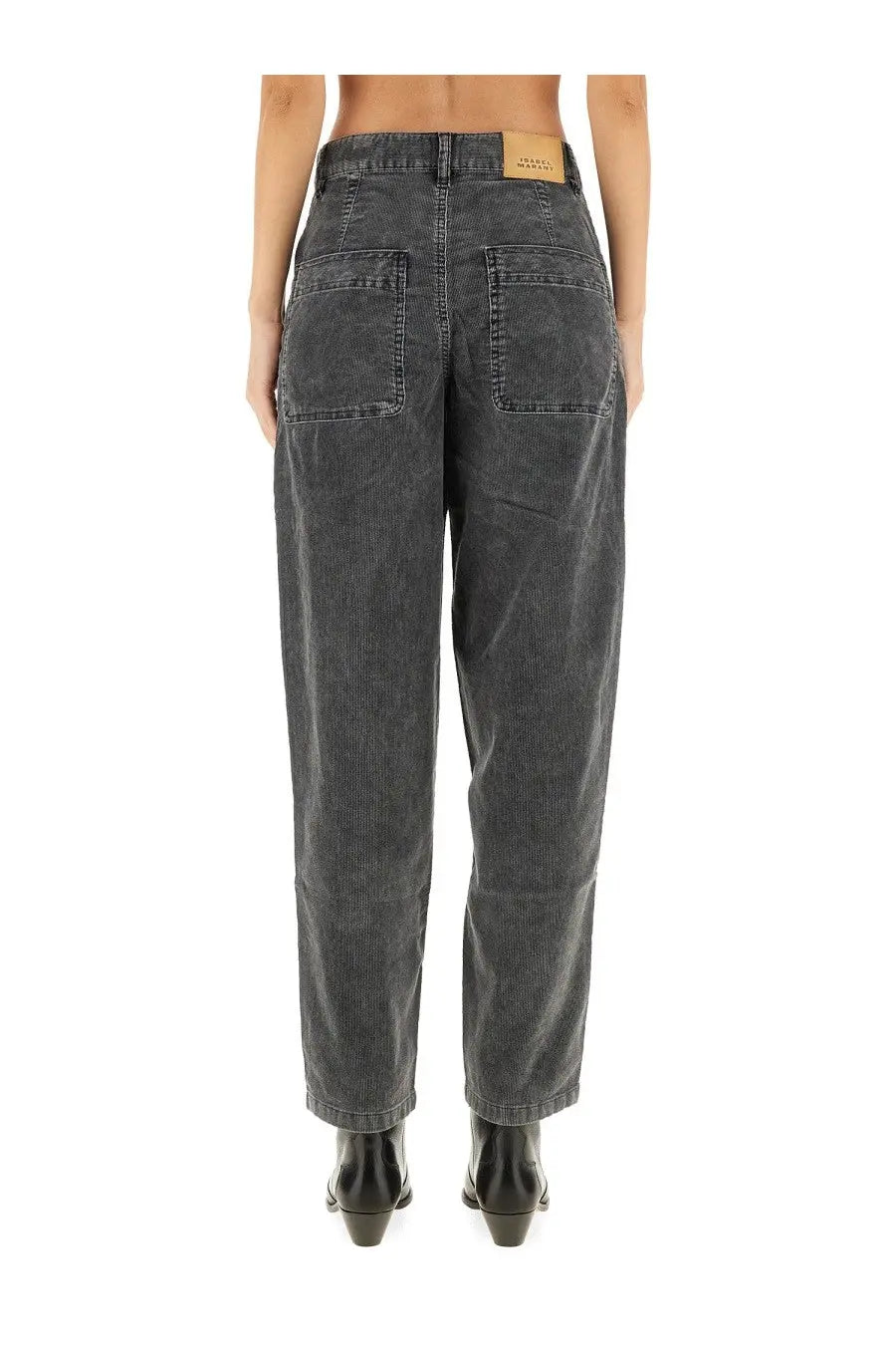 Isabel Marant étoile women’s dark gray corduroy wide-leg pants with relaxed fit and two back pockets shown from back