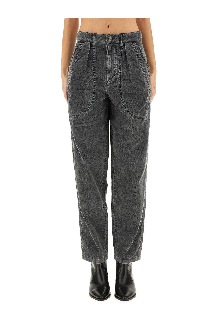 Isabel Marant Étoile women’s black corduroy trousers with a relaxed high waist and prominent front pleats