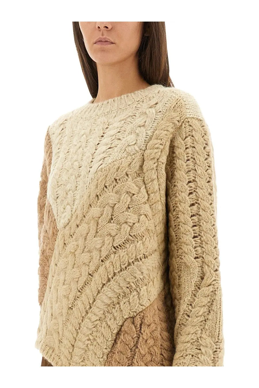 Isabel Marant Étoile women’s beige chunky-knit sweater with textured cable pattern and tan patchwork panels