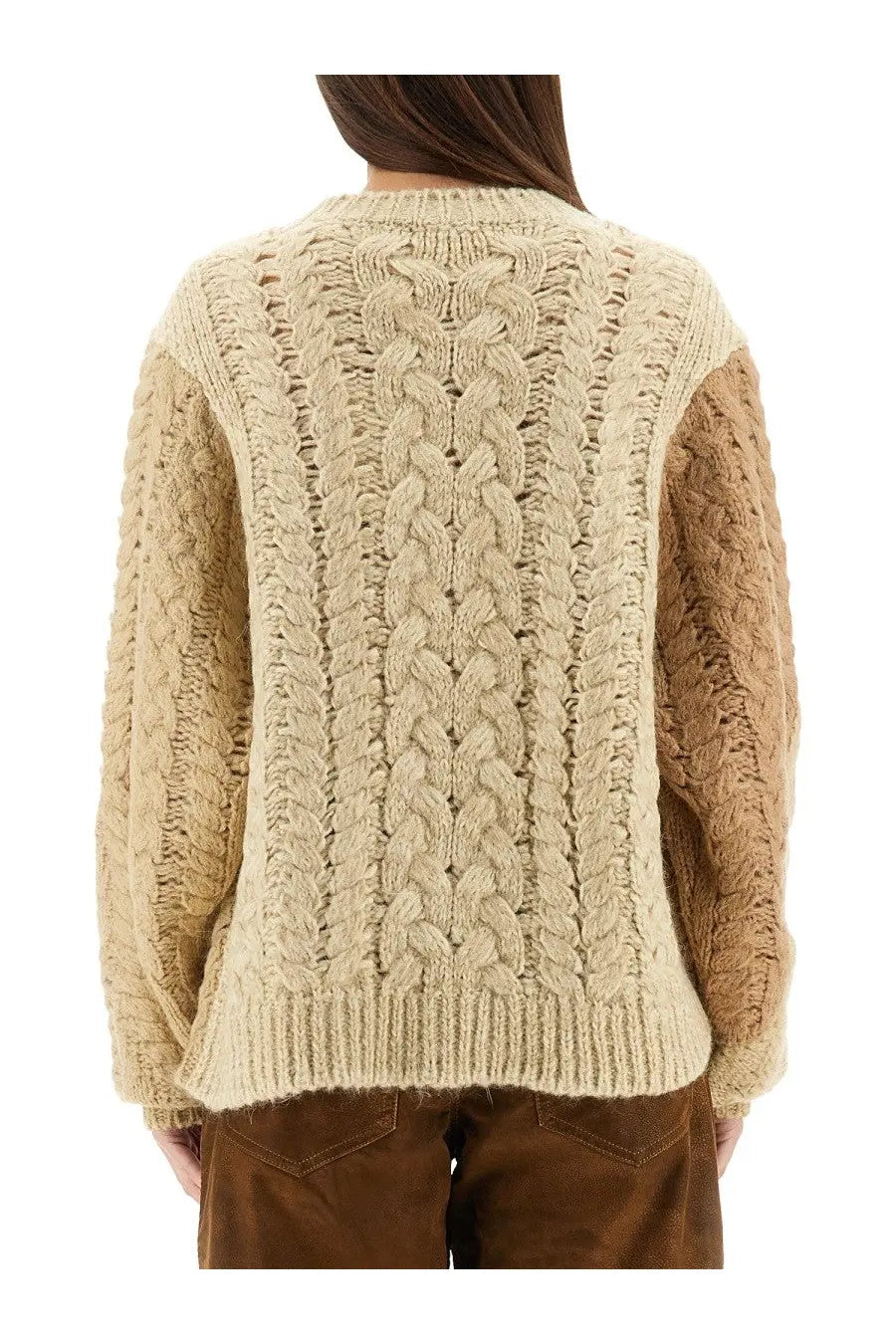 Isabel Marant Étoile women’s beige patchwork daryl sweater featuring cream cable-knit front and tan contrasting sleeves