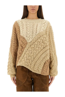 Isabel Marant Étoile women’s beige and tan color-blocked cable-knit chunky sweater with textured patchwork design