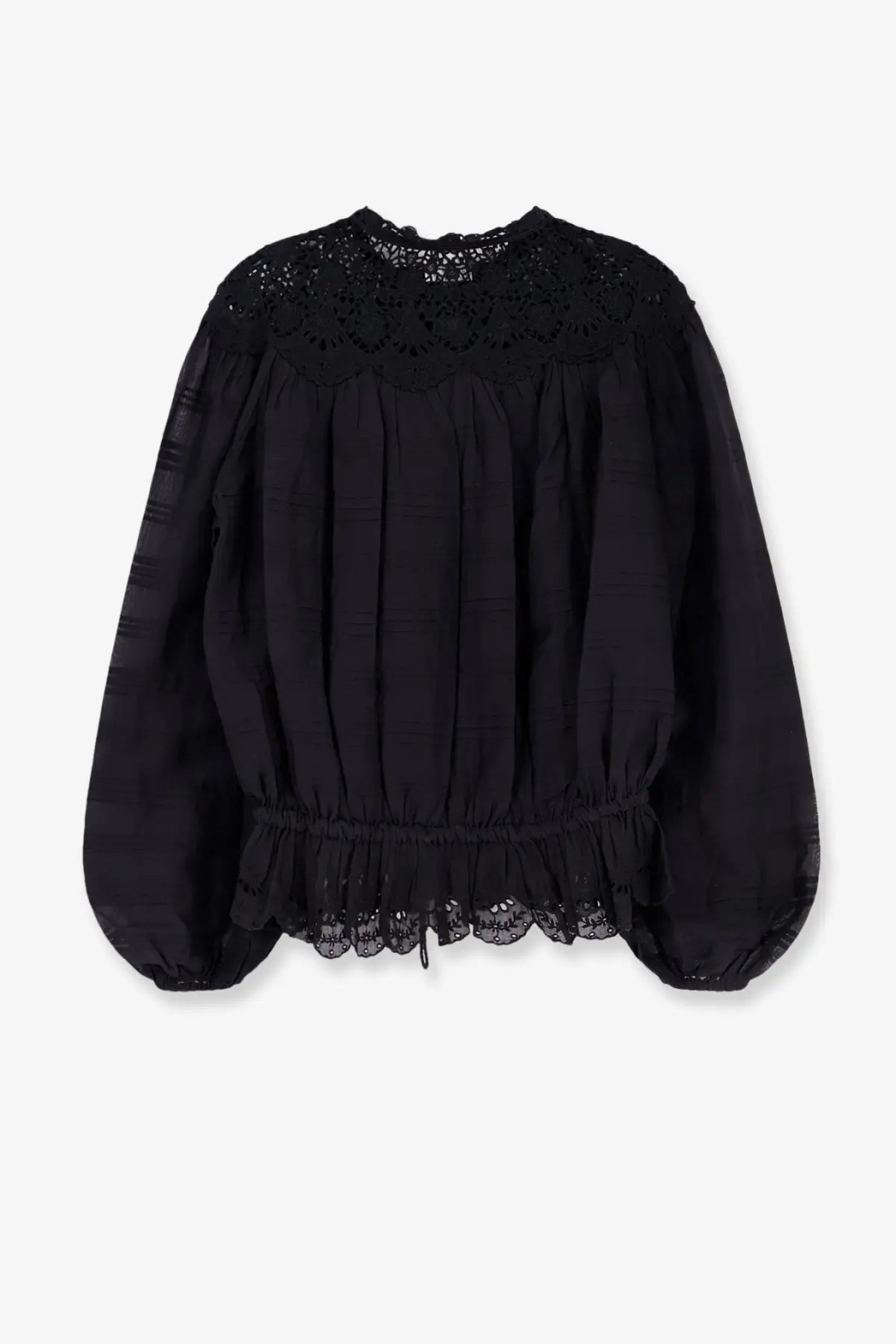 Isabel Marant Étoile women’s black Polly organic cotton shirt with lace neckline, hem, puffed sleeves, and gathered waist