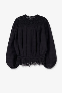 Isabel Marant Étoile women’s black Polly organic cotton shirt with lace neckline, hem, puffed sleeves, and gathered waist