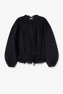 Isabel Marant Étoile women’s black Polly organic cotton blouse with lace neckline and hem, long puffed sleeves, gathered waist