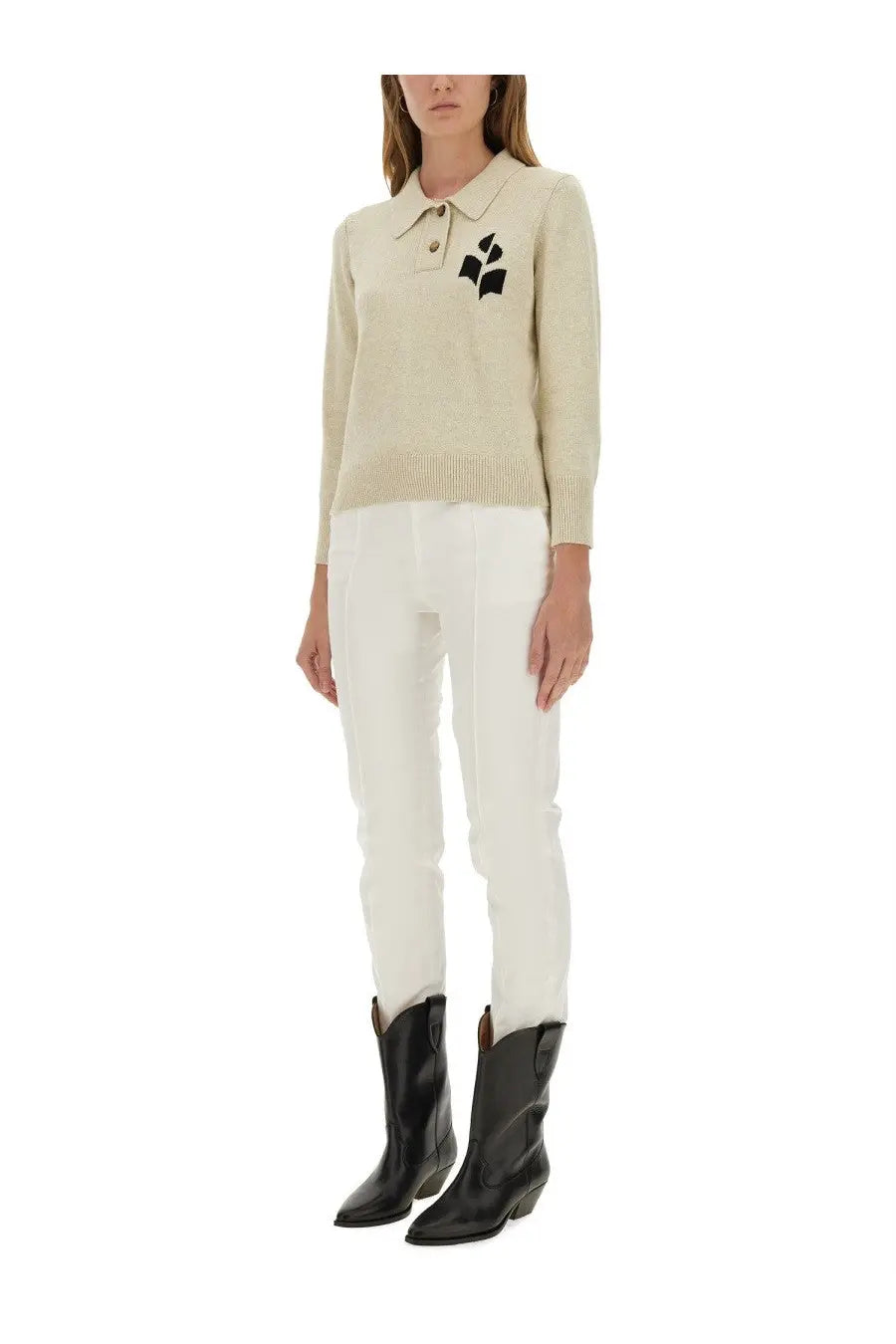 Cream-colored knit polo shirt with black embroidered leaf motif on chest by Isabel Marant Étoile in beige