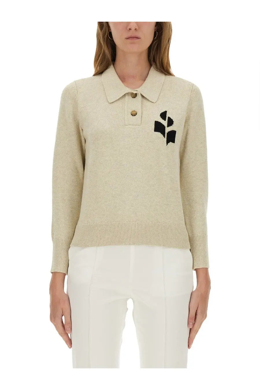 Beige knit polo shirt by isabel marant étoile with black embroidered leaf logo and gold-tone buttons