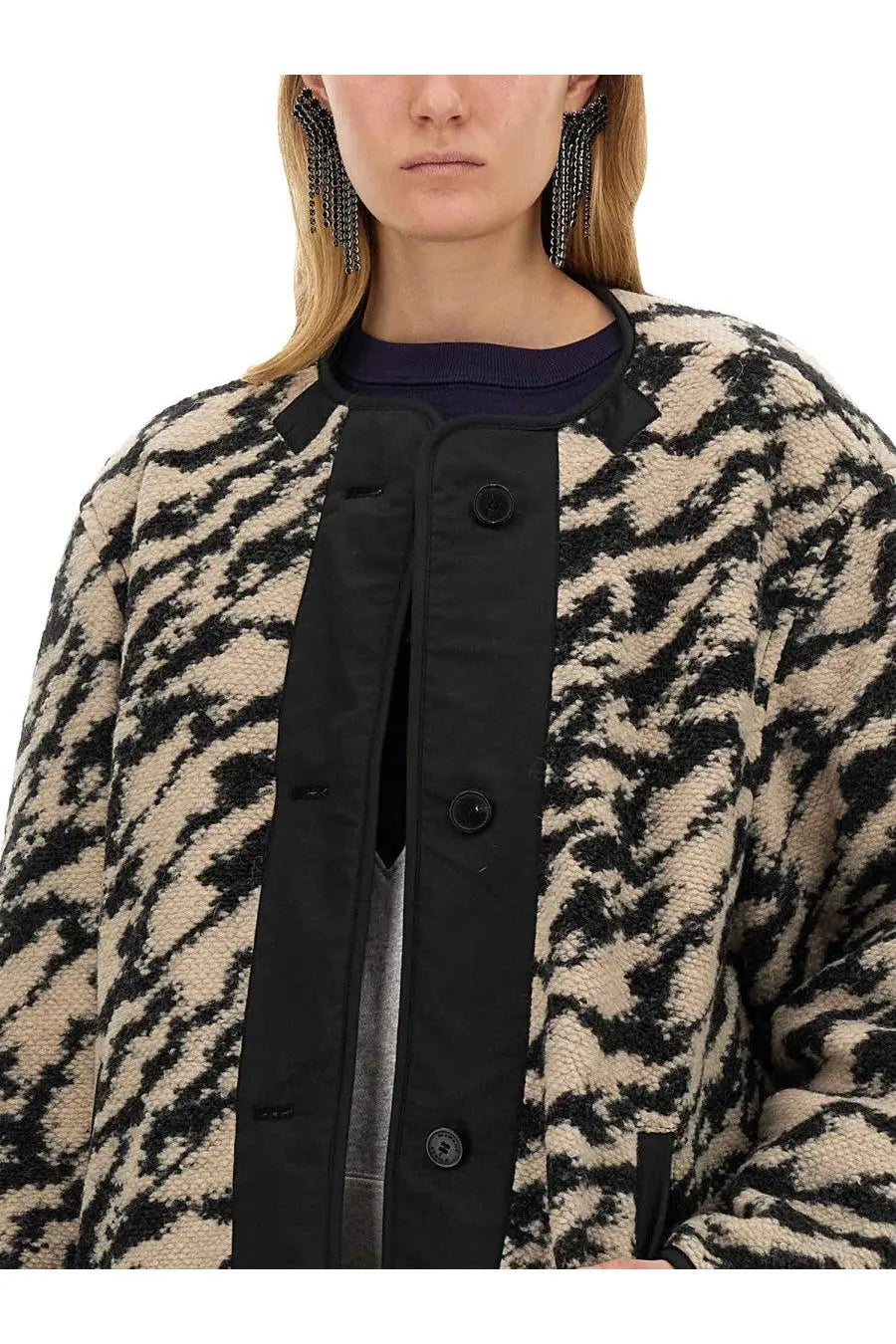 Isabel Marant Étoile women’s reversible fleece jacket in black and beige tiger print with a contrasting black placket
