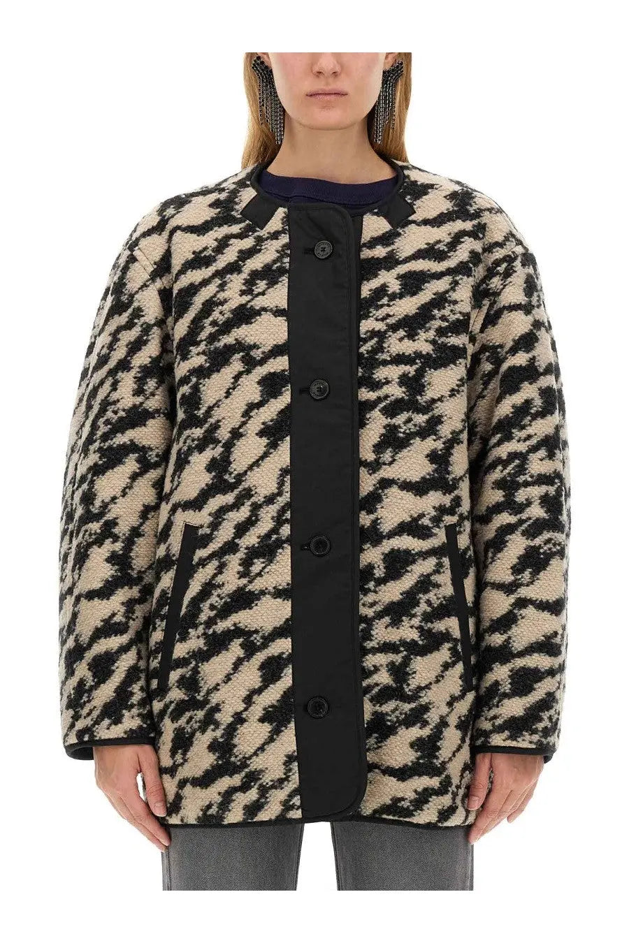Isabel Marant Étoile women’s reversible black and beige leopard-print shearling coat with black button closure