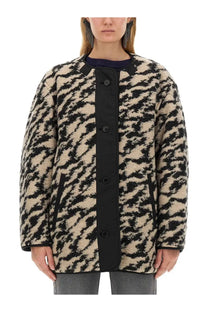 Isabel Marant Étoile women’s reversible black and beige leopard-print shearling coat with black button closure