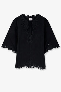 Isabel Marant Étoile women’s black sangallo cotton blouse with delicate lace detailing on neckline sleeves and hem