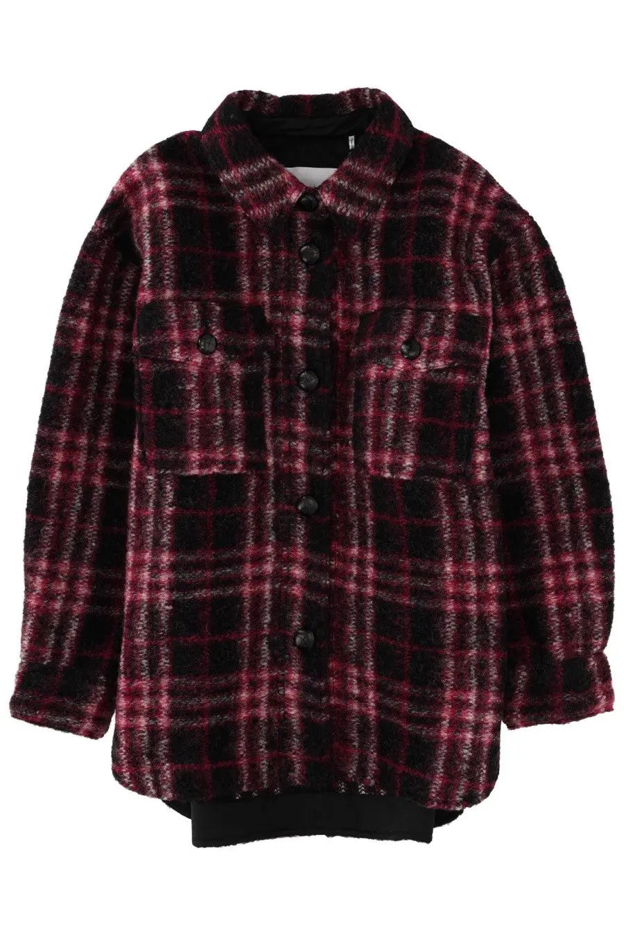 Isabel Marant Étoile women’s oversized plaid flannel shirt in deep burgundy and black with a soft textured weave