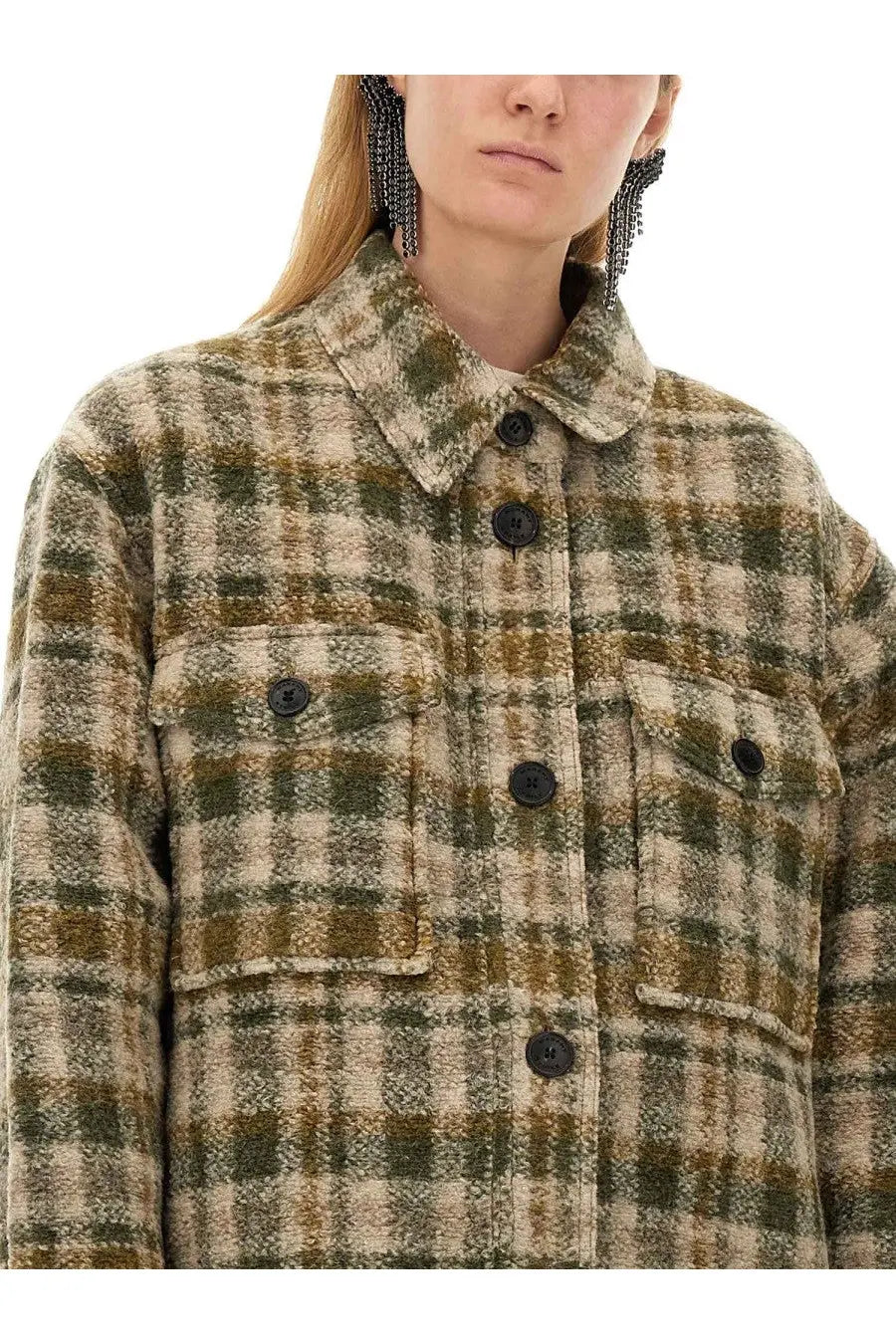 Isabel Marant Étoile women’s shirt jacket in olive and beige plaid wool blend with dark brown buttons