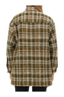 Isabel Marant Étoile women’s shirt jacket in olive and beige plaid wool blend with classic collar
