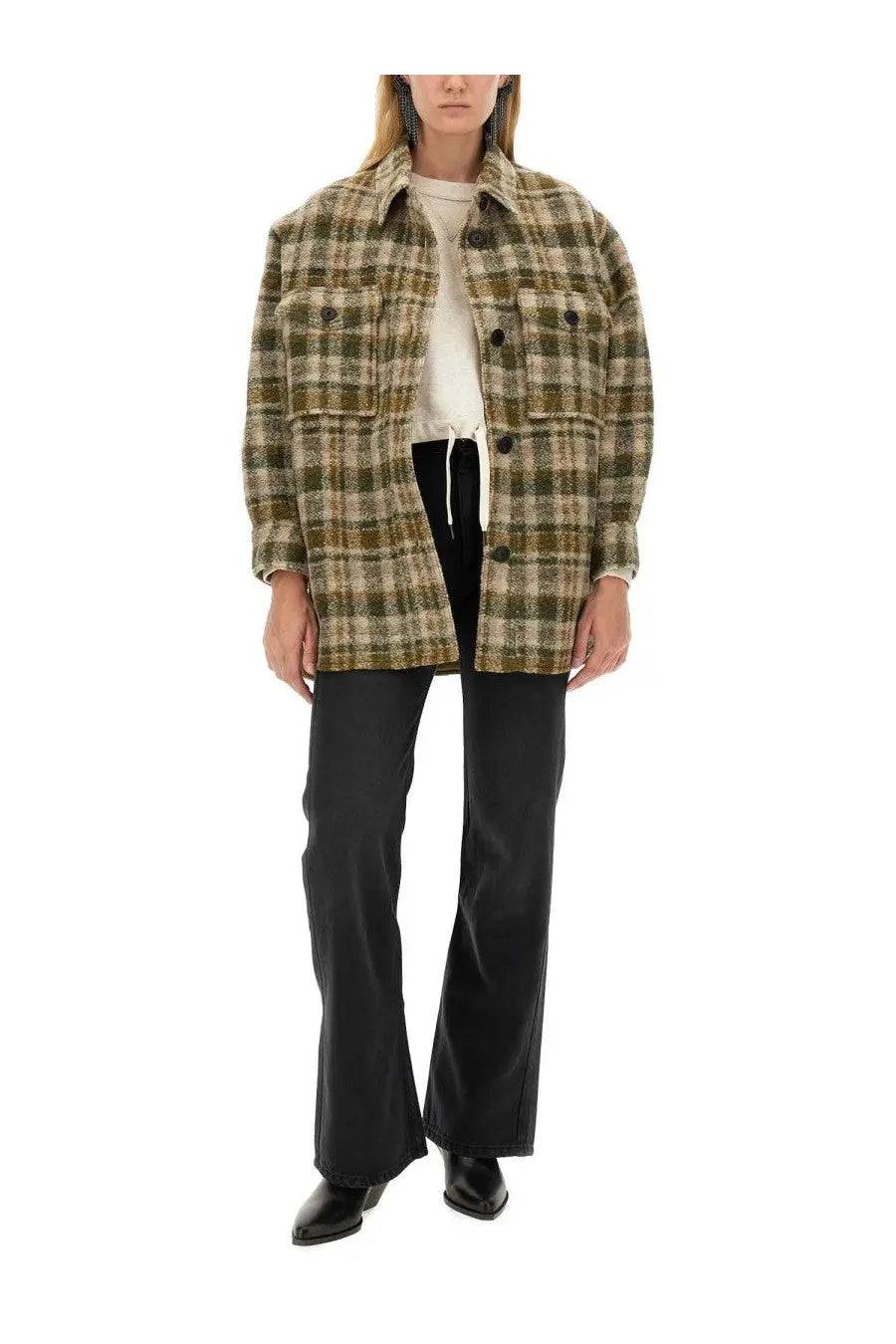 Olive and beige plaid wool-blend shirt jacket with buttoned flap pockets from Isabel Marant Étoile Harveli multicolor