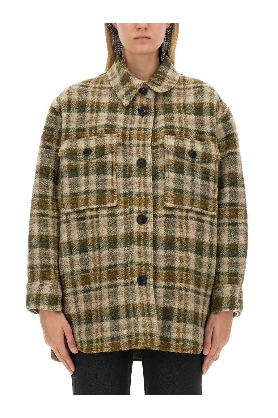 Isabel Marant Étoile women’s olive and beige plaid wool-blend shirt jacket with dark brown buttons