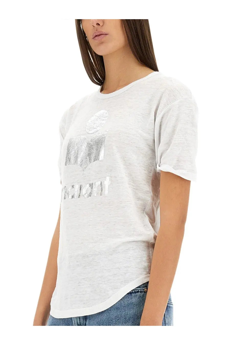 White cotton t-shirt for women by Isabel Marant Étoile with a silver metallic logo and lettering across the chest