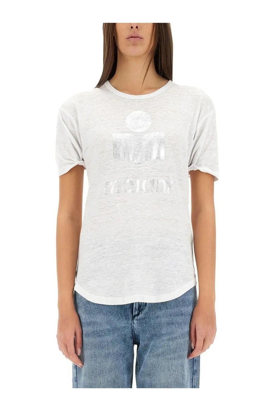 Isabel Marant Étoile white short-sleeved t-shirt with metallic silver logo print on front in cotton material