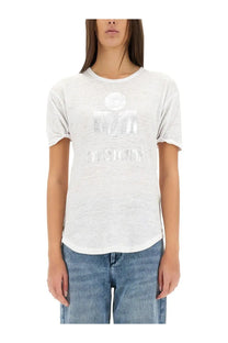 Isabel Marant Étoile white short-sleeved t-shirt with metallic silver logo print on front in cotton material