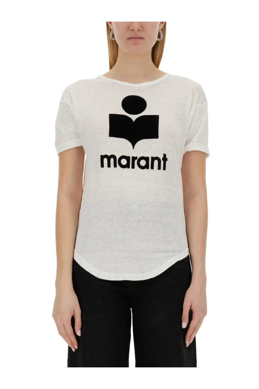 White short-sleeved cotton t-shirt with black marant logo and book emblem on front by Isabel Marant Étoile