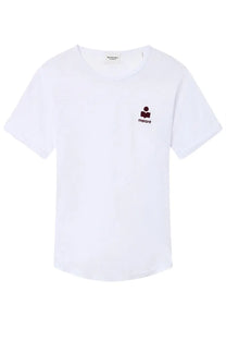 Isabel Marant Étoile women’s white short-sleeved t-shirt with maroon embroidered logo and stylized figure design
