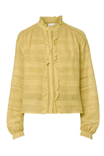 Isabel Marant Étoile women’s pale yellow blouse with horizontal stripes and ruffled detailing on front placket cuffs and collar