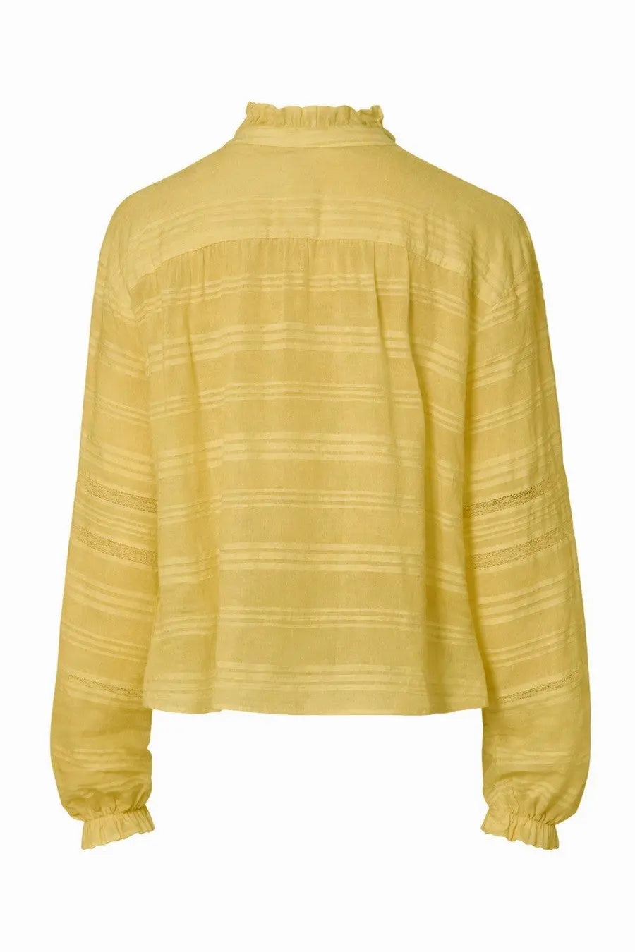 Isabel Marant Étoile women’s soft yellow blouse with subtle horizontal stripes and ruffled cuffs in Peline Green