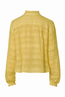 Isabel Marant Étoile women’s soft yellow blouse with subtle horizontal stripes and ruffled cuffs in Peline Green