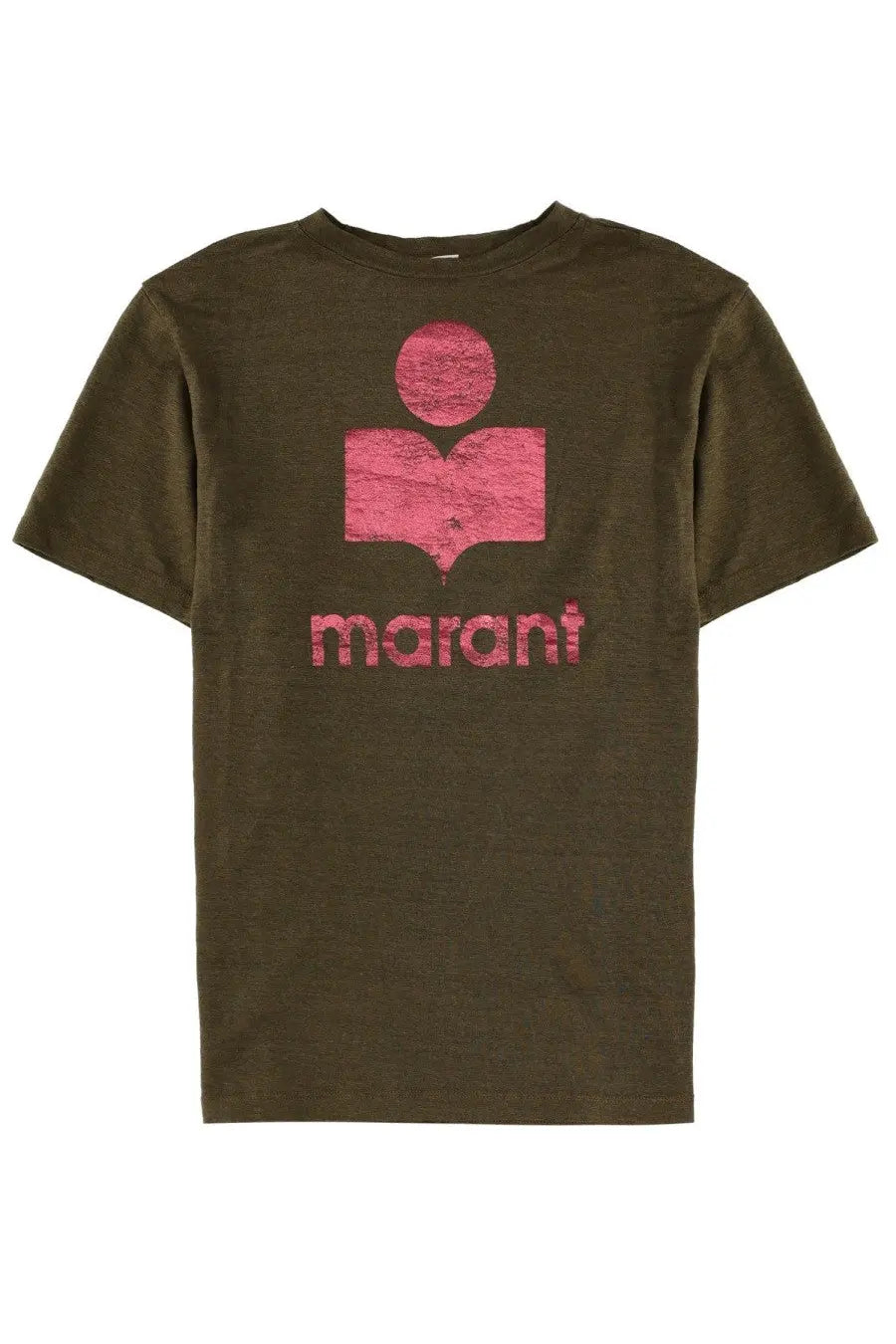 Olive green short-sleeved isabel marant étoile zewel brown shirt with faded pink graphic of figure holding open book and marant text