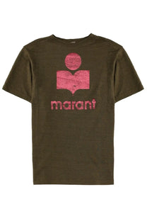 Olive green short-sleeved isabel marant étoile zewel brown shirt with faded pink graphic of figure holding open book and marant text