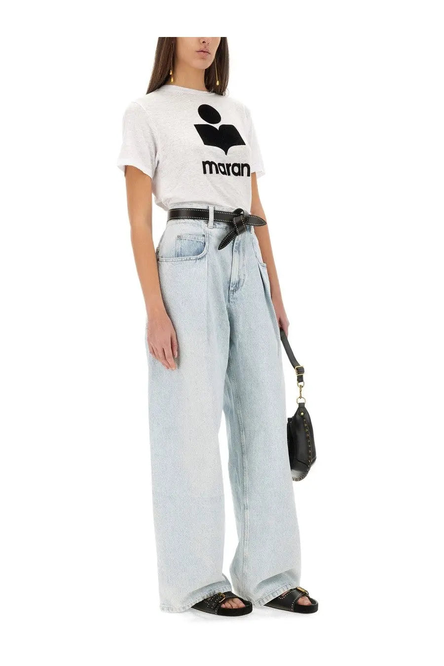 Light-wash denim wide-leg pants with a high waist and belt loops featured with Isabel Marant Étoile women shirt Zewel white