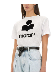 White short-sleeved isabel marant étoile shirt featuring a bold black logo with the word marant printed below it