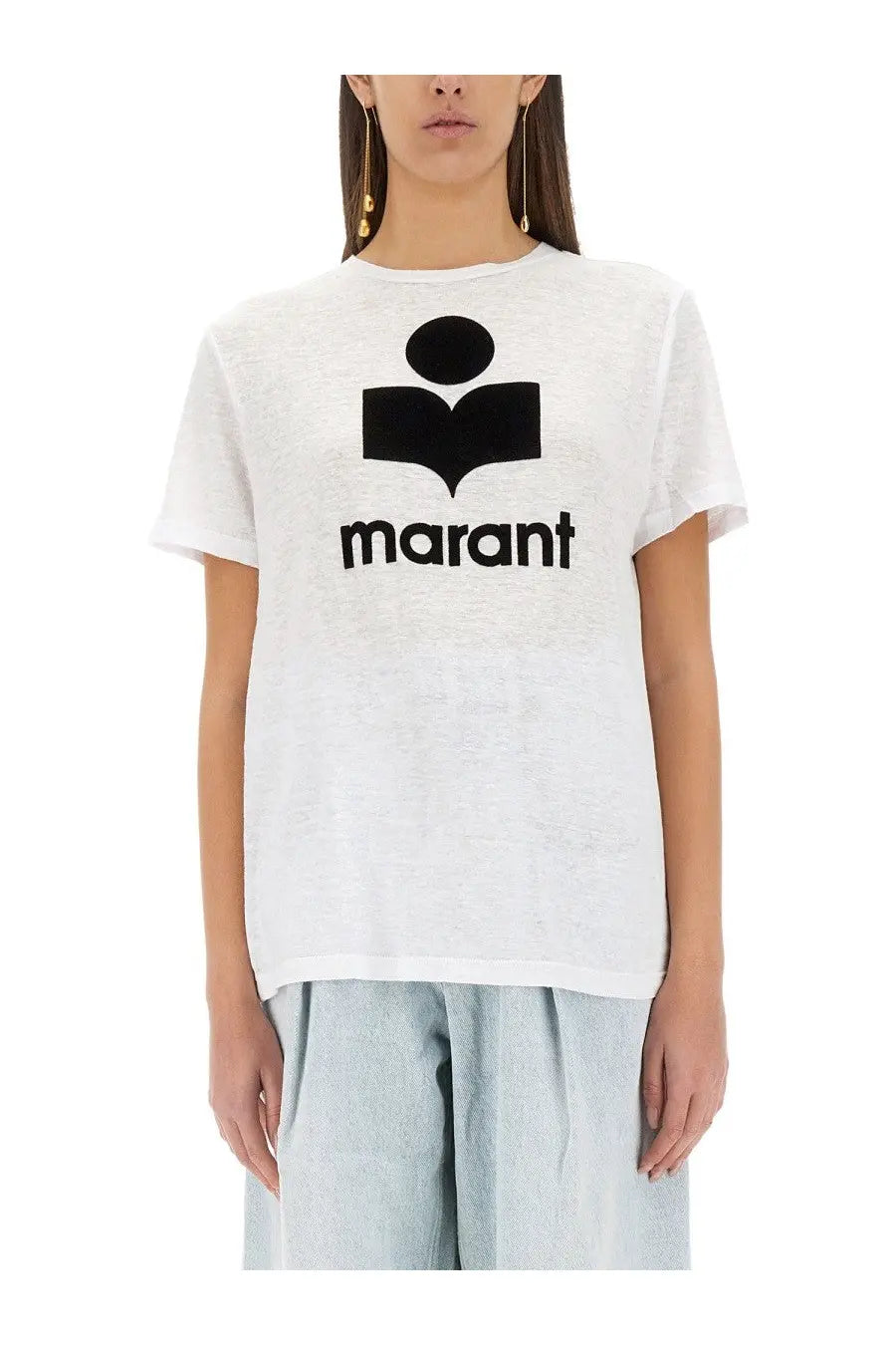 Isabel Marant étoile white short-sleeved t-shirt with bold black graphic logo and marant print for women