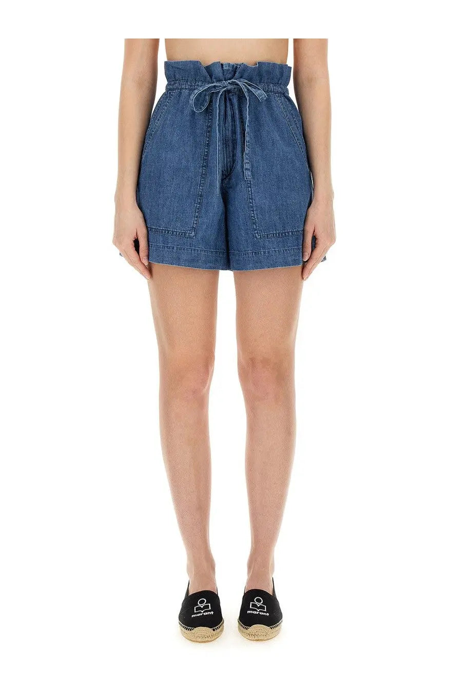Isabel Marant Étoile women’s high-waisted denim shorts in medium blue with drawstring waistband and front patch pockets