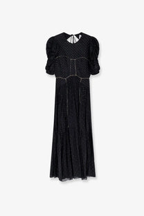 Isabel Marant Étoile women’s black midi dress with puffed sleeves subtle polka dots and silver waist trim