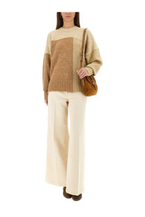 Isabel Marant Étoile women’s beige and tan color-blocked knit sweater with ribbed cuffs hem and neckline