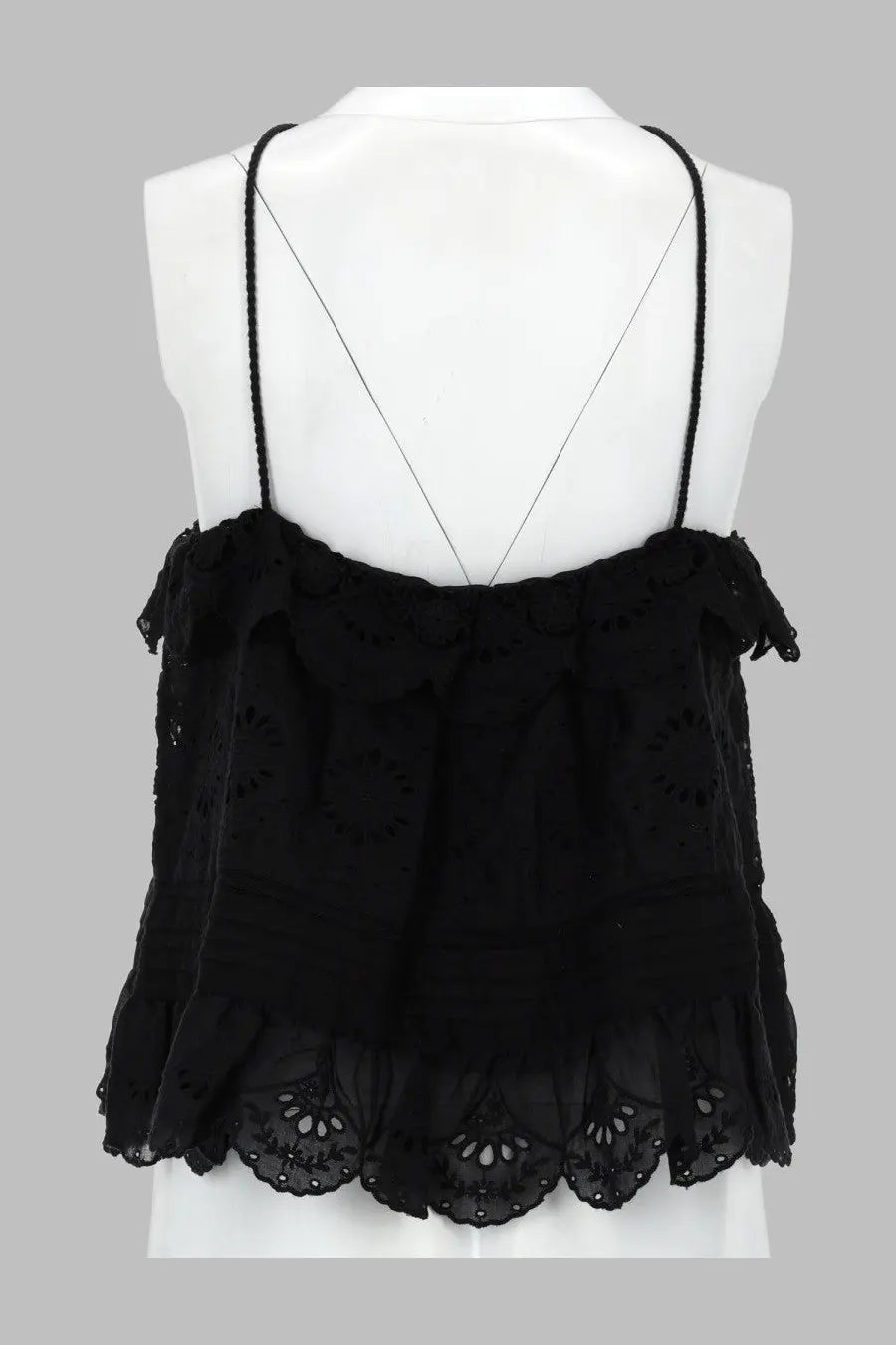 Isabel Marant Étoile women’s black lace camisole with delicate ruffles and thin spaghetti straps in Prisha style