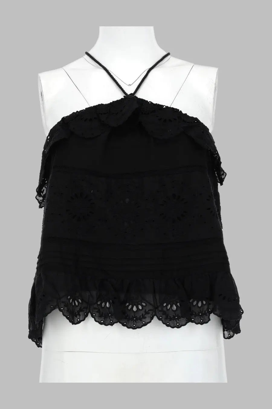 Isabel Marant étoile women’s black lace halter top with layered ruffles and eyelet detailing