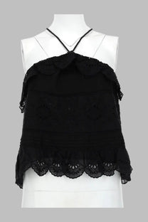 Isabel Marant étoile women’s black lace halter top with layered ruffles and eyelet detailing