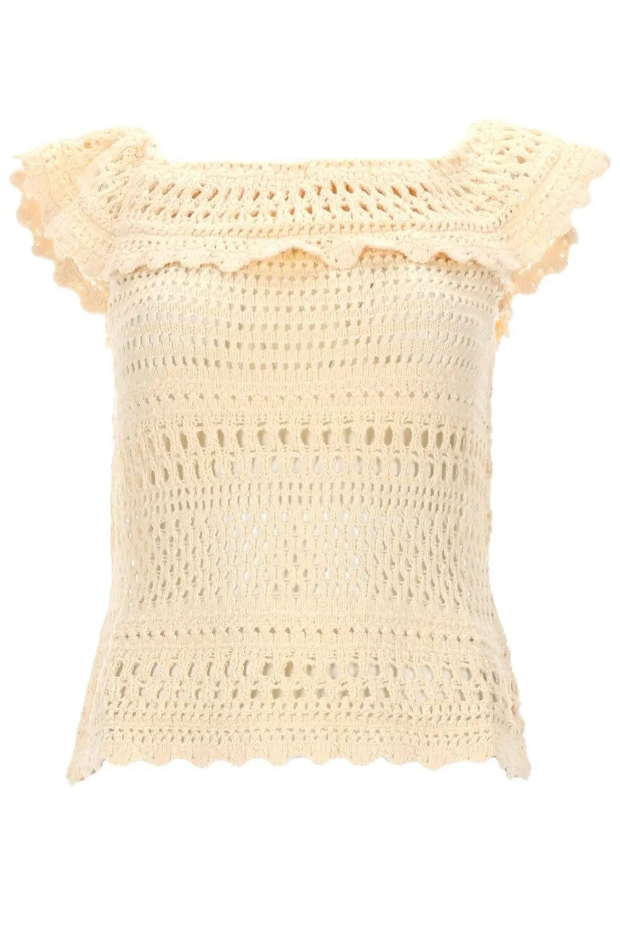 Isabel Marant Étoile women’s cream-colored crocheted top with ruffled shoulder straps and scalloped hem