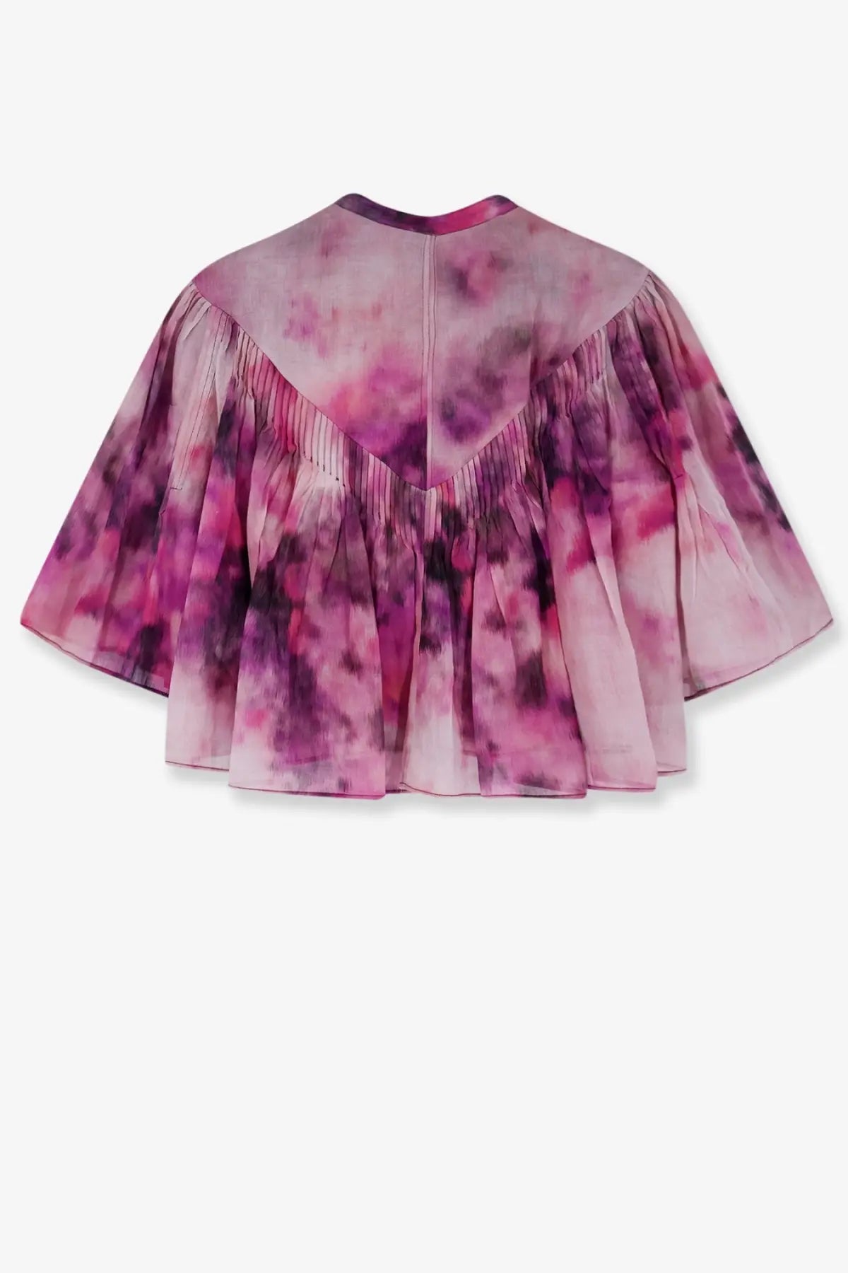 A pink and purple tie-dye cropped cape with a pleated flared silhouette paired with isabel marant étoile veelia organic cotton blue shirt