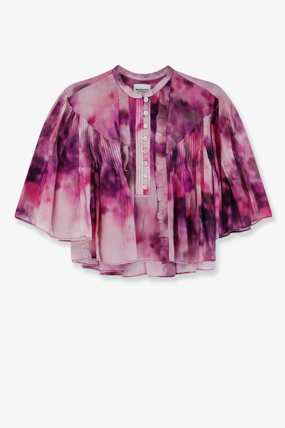 Isabel Marant Étoile women’s cropped blouse in pink and purple tie-dye with pleated sleeves and button front organic cotton