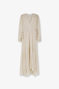 Beige viscose tiered maxi dress with v-neckline smocked bodice and drawstring cuffs by Isabel Marant Étoile