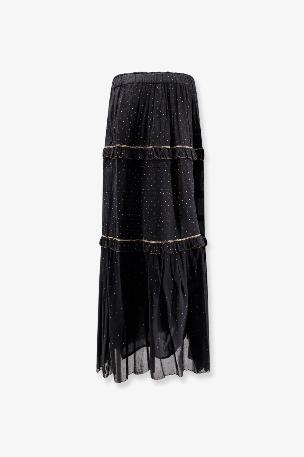 Isabel Marant Étoile women’s black tiered maxi skirt with delicate gold-trimmed ruffles and subtle polka dot pattern