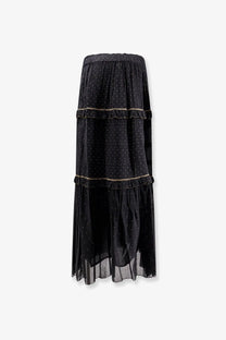 Isabel Marant Étoile women’s black tiered maxi skirt with delicate gold-trimmed ruffles and subtle polka dot pattern