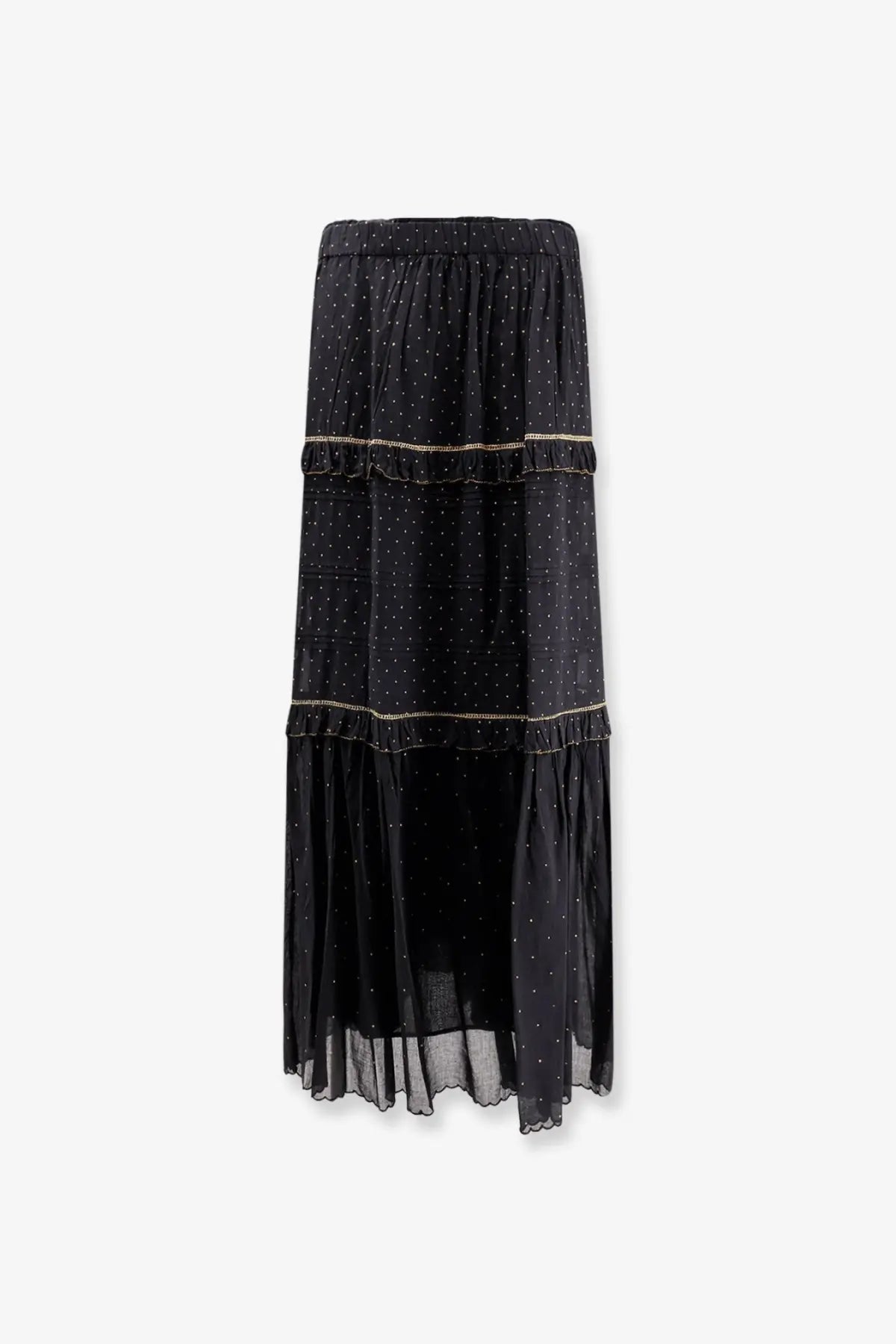 Isabel Marant Étoile women’s black tiered maxi skirt with delicate gold-trimmed ruffles and subtle polka dot pattern