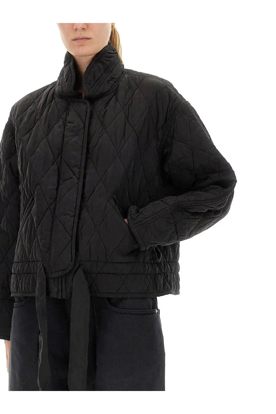 Isabel Marant Étoile women’s zakiane black quilted jacket with high collar and tie belt in front view