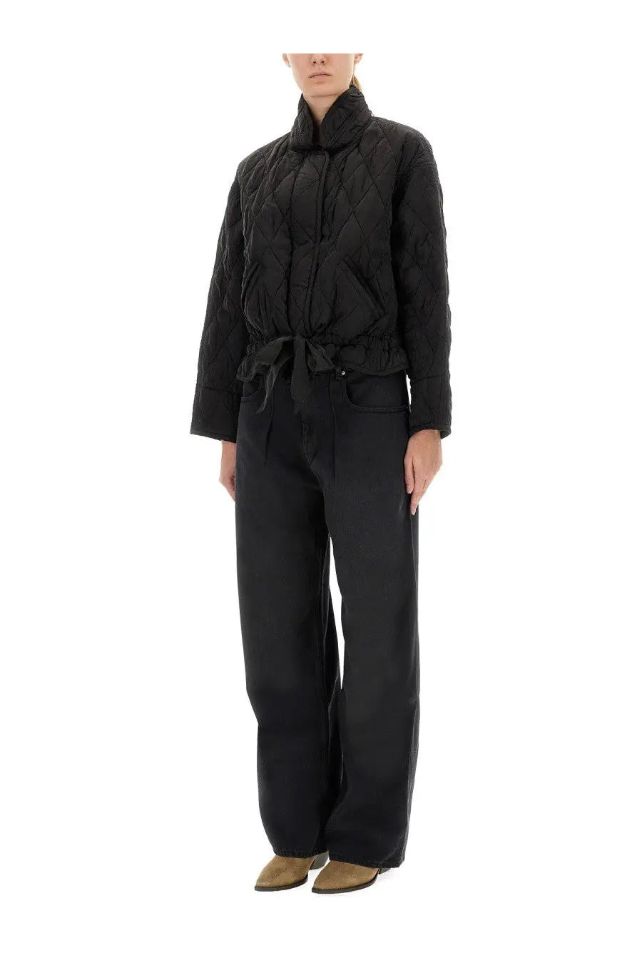 Isabel Marant étoile women’s black quilted jacket with high collar and tied waistband in polyester blend material