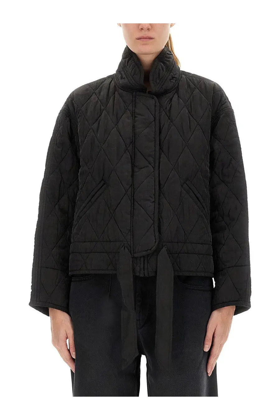Isabel Marant Étoile women’s black quilted jacket with high collar and front tie belt for stylish outerwear